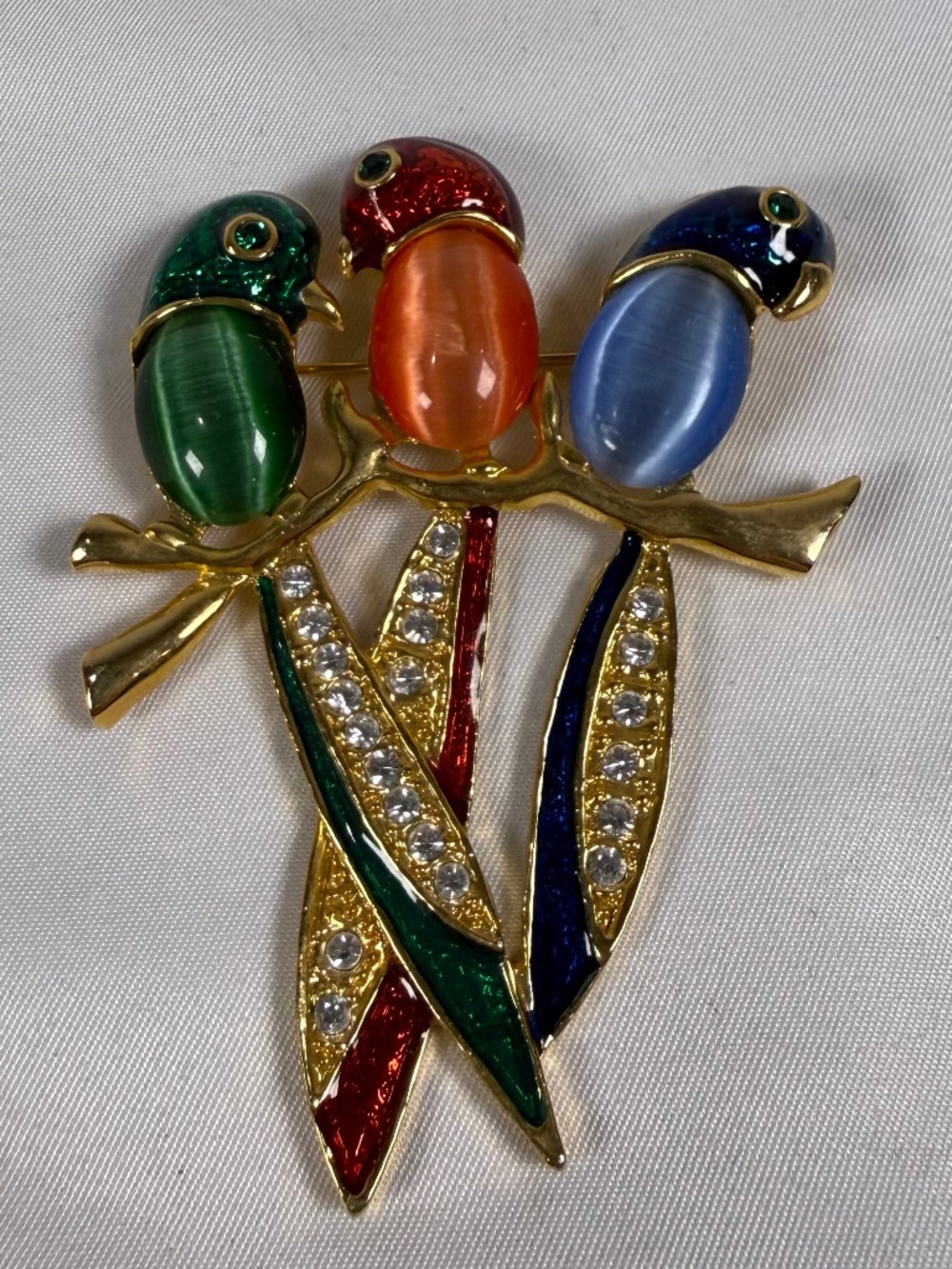 Vintage Colorful Three Bird Parrot Brooch Rhinestone Cat Eye Gold Tone